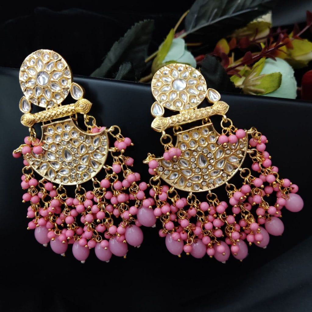 Traditional gold plated Meenakari Chandbali Earrings with Kundan Work