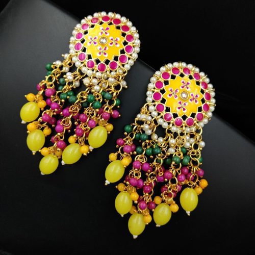 Traditional gold-plated Meenakari earrings with intricate enamel work.
