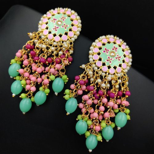 Traditional gold-plated Meenakari earrings with intricate enamel work.