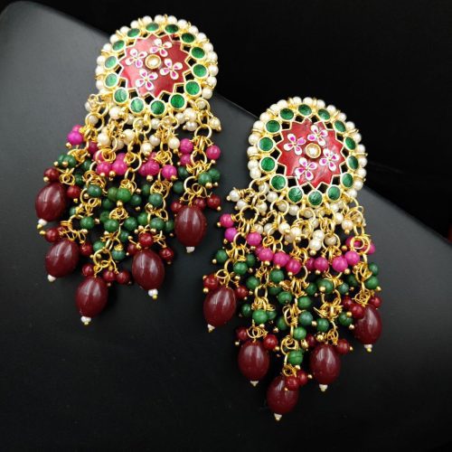 Traditional gold-plated Meenakari earrings with intricate enamel work.