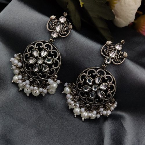 Antique Oxidised Round Shape Replica Earring with Stone Work - Image 9
