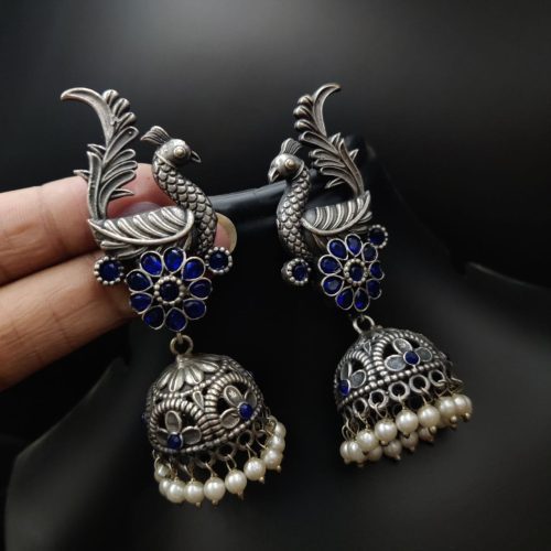 Oxidised Replica Polish Peacock Design Jhumka Earrings - Image 5