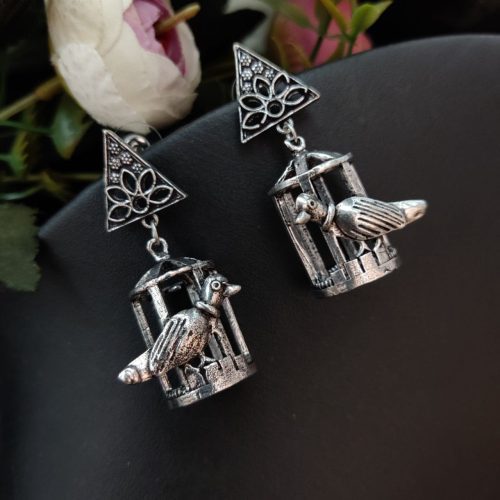 Bird Cage Jhumka Earrings in Oxidised Silver Plated