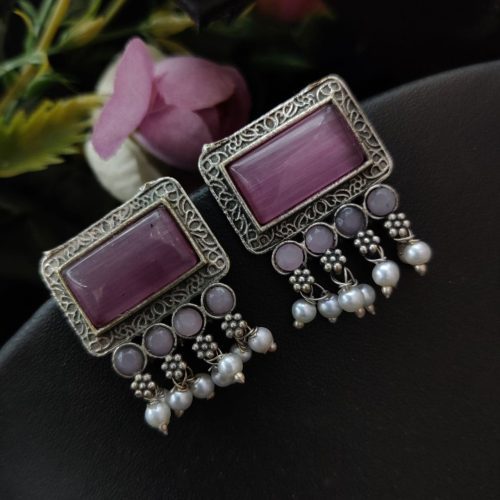 Silver Replica Monalisa Stone Stud Earrings With Pearl Beads - Image 2