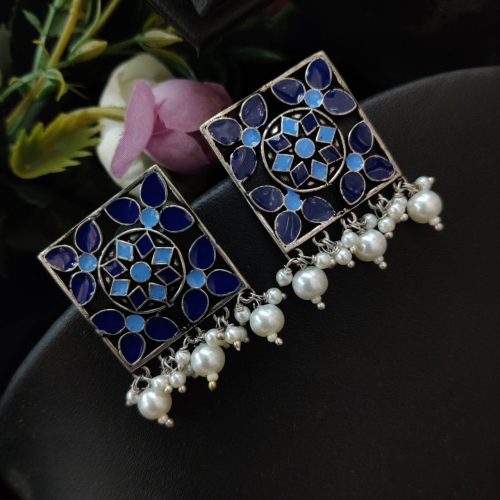 Blue Meenakari Work Oxidised Dangler Earrings with Pearl Beads - Image 2