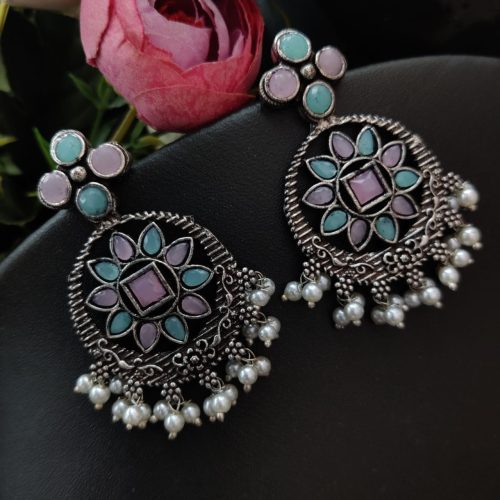 Stone Work Oxidised Dangler Earrings Chandalier Style - Image 5