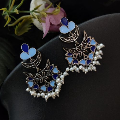 Meenakari Work Oxidised Dangler Earrings with Pearl Beads - Image 2