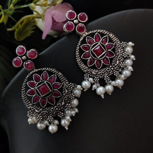 Stone Work Oxidised Dangler Earrings Chandalier Style - Image 4