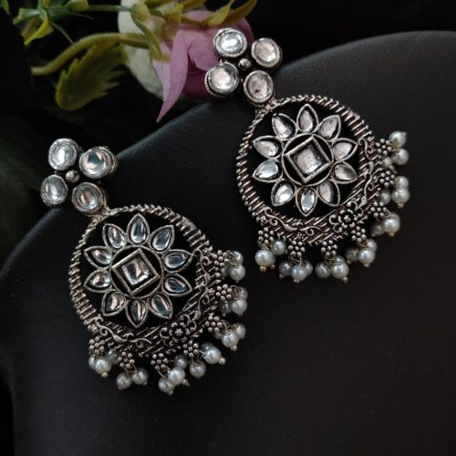 Stone Work Oxidised Dangler Earrings Chandalier Style - Image 3