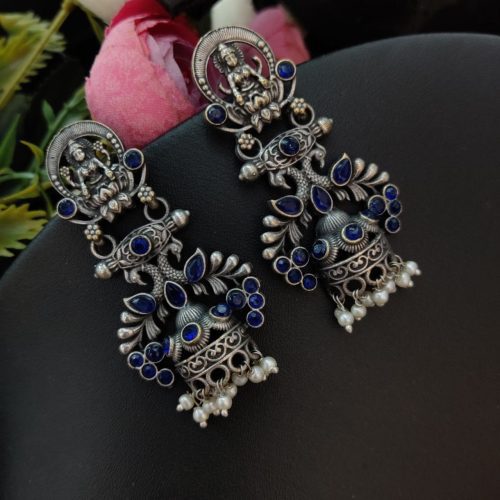 Silver Look Like Temple Design Oxidised Earrings For Girls - Image 5
