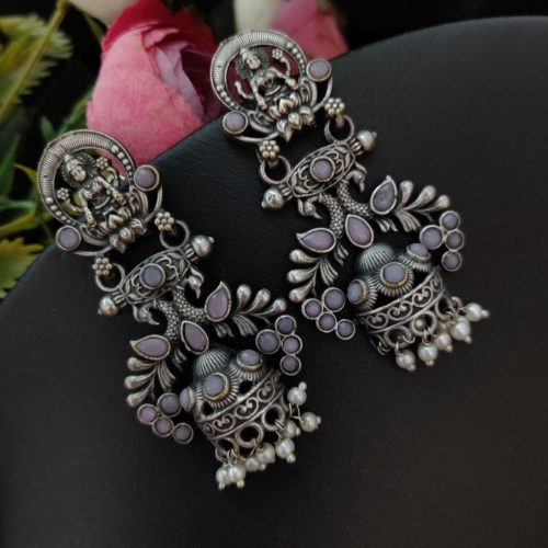 Silver Look Like Temple Design Oxidised Earrings For Girls - Image 6
