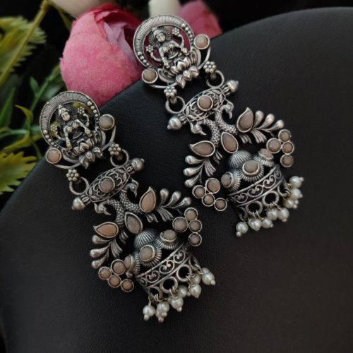 Silver Look Like Temple Design Oxidised Earrings For Girls - Image 4