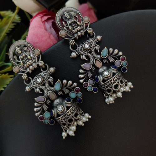 Silver Look Like Temple Design Oxidised Earrings For Girls - Image 3