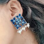 Blue Meenakari Work Oxidised Dangler Earrings with Pearl Beads