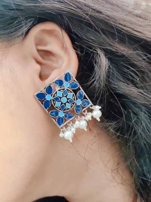 Blue Meenakari Work Oxidised Dangler Earrings with Pearl Beads