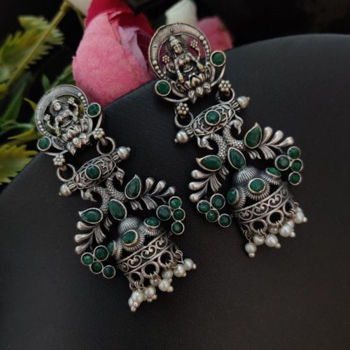 Silver Look Like Temple Design Oxidised Earrings For Girls - Image 2