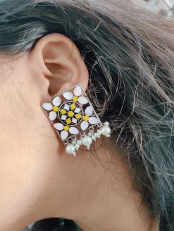 Pink Meenakari Work Oxidised Dangler Earrings with Pearl Beads