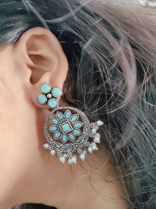 Stone Work Oxidised Dangler Earrings Chandalier Style - Image 12