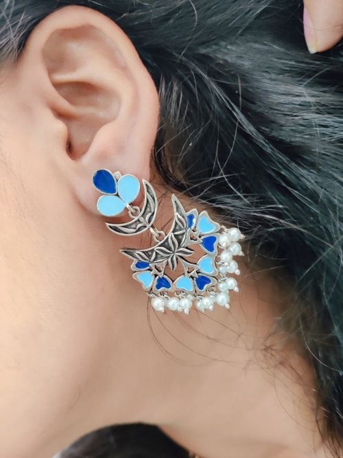 Meenakari Work Oxidised Dangler Earrings with Pearl Beads