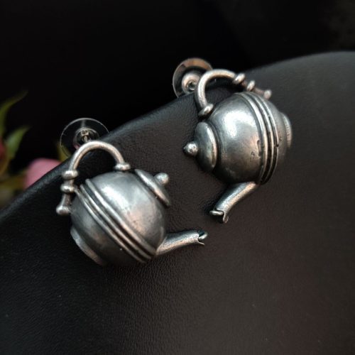 Silver Replica Oxidised Tea Poat Stud Earrings For Girls - Image 2