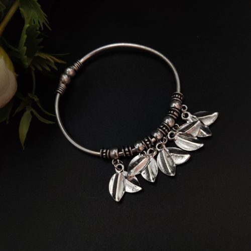 Silver Oxidised Leaf Design Adjustable Cuff Bracelet