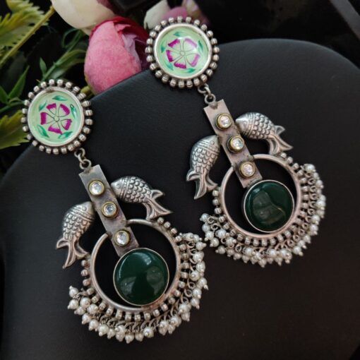 Premium Quality Hand painted Silver Look Like Fish Design Monalisa Stone Earrings - Image 3