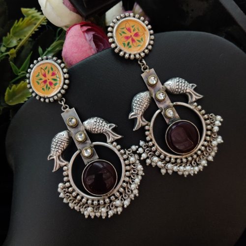 Premium Quality Hand painted Silver Look Like Fish Design Monalisa Stone Earrings - Image 2