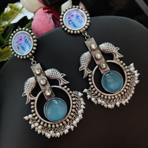 Premium Quality Hand painted Silver Look Like Fish Design Monalisa Stone Earrings - Image 6