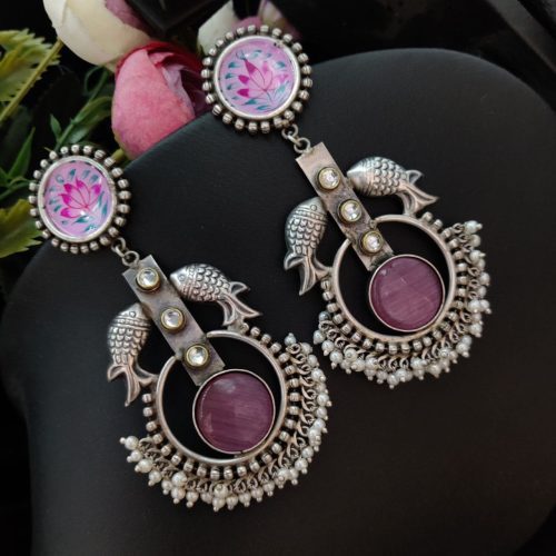 Premium Quality Hand painted Silver Look Like Fish Design Monalisa Stone Earrings