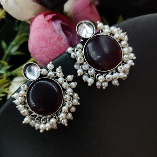 Designer Monalisa Stone Hand Made Stud Earrings With Pearls Beads