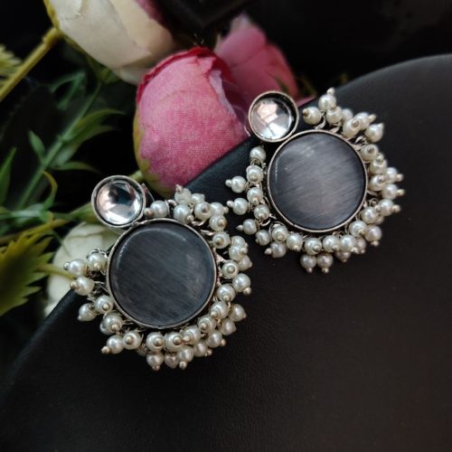 Designer Monalisa Stone Hand Made Stud Earrings With Pearls Beads