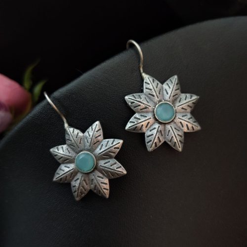 Oxidised-Silver-Replica-Flower-Design-Hook-Earrings-For-Girls