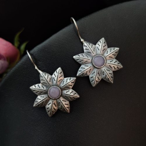 Oxidised-Silver-Replica-Flower-Design-Hook-Earrings-For-Girls