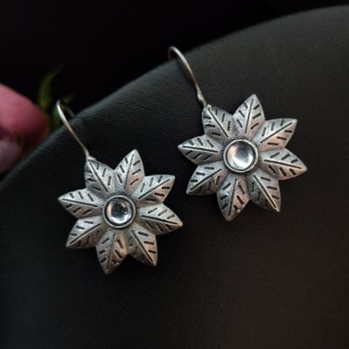 Oxidised-Silver-Replica-Flower-Design-Hook-Earrings-For-Girls