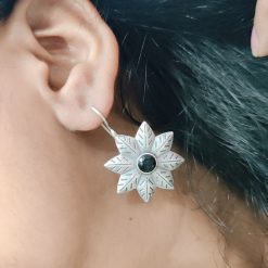 Oxidised-Silver-Replica-Flower-Design-Hook-Earrings-For-Girls