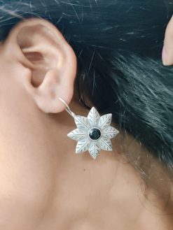 Oxidised-Silver-Replica-Flower-Design-Hook-Earrings-For-Girls