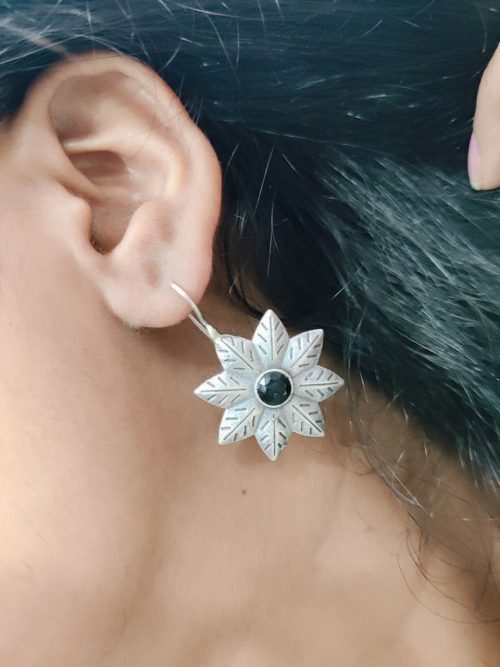 Oxidised-Silver-Replica-Flower-Design-Hook-Earrings-For-Girls