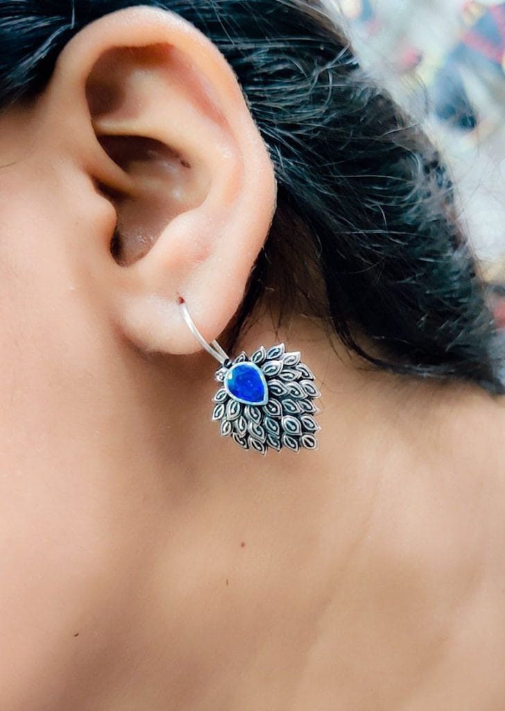 Daily Wear Hook Earrings Oxidised Stone Unique Feather Style