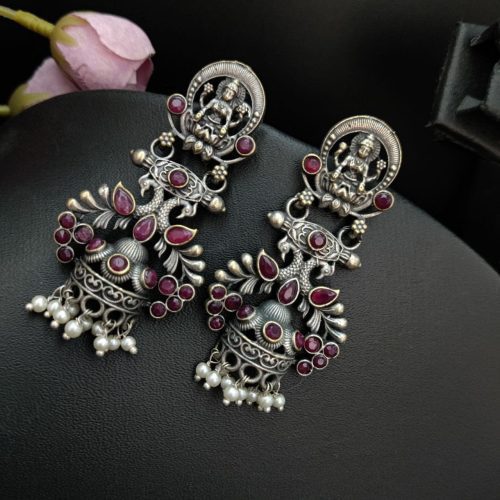 Silver Look Like Temple Design Oxidised Earrings For Girls - Image 7