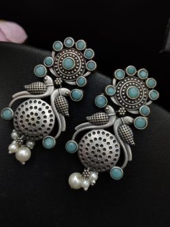 Silver Replica Oxidised Peacock Dangler Earrings With Pearl Beads