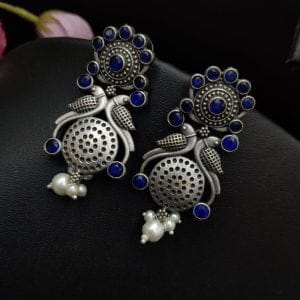 Silver Replica Oxidised Peacock Dangler Earrings With Pearl Beads - Color: "Blue"