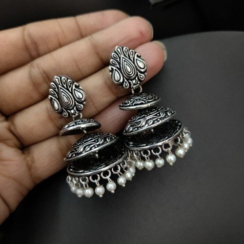 Oxidised 3 Step Jhumka Earrings For Girls