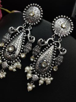 Hand Made Oxidised Peacock Design Brass Based Long Dangler Earrings
