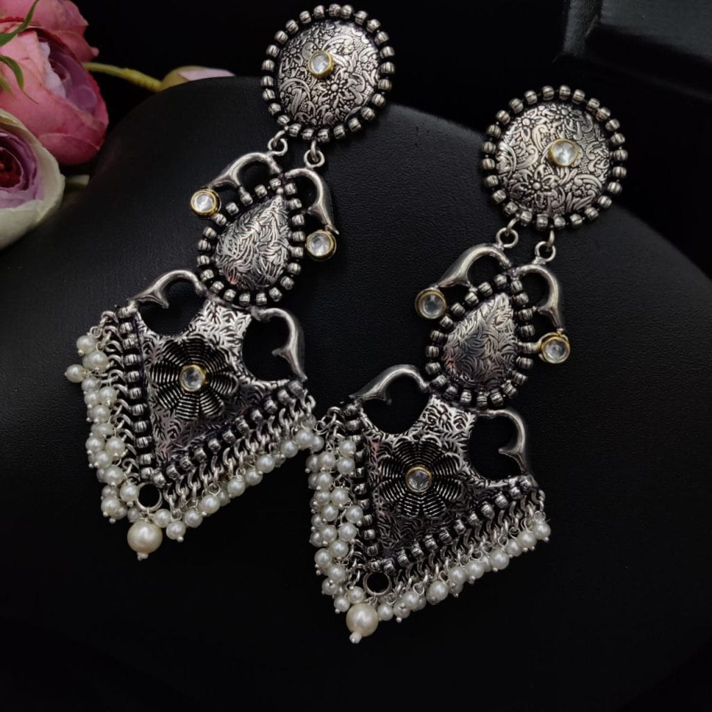 Hand Made Oxidised Peacock Design Brass Based Long Dangler Earrings