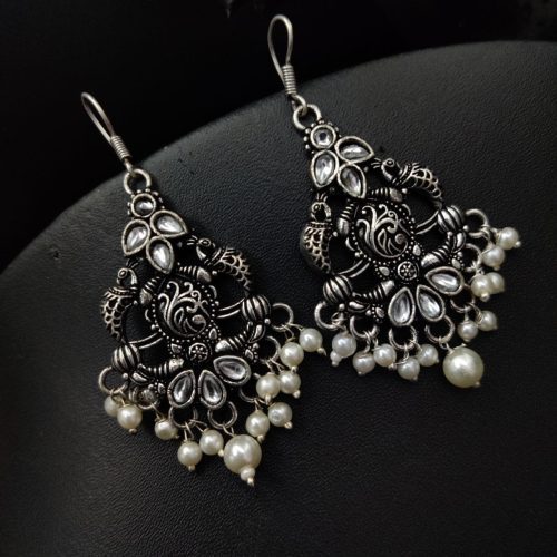 Oxidised Light Weight Dangler Earrings with Stone Work - Image 3