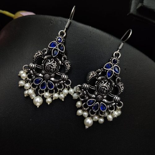Oxidised Light Weight Dangler Earrings with Stone Work - Image 2
