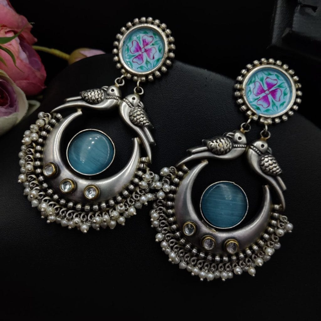 Silver Look Like Replica Handmade Earrings with Hand Painted Earrings