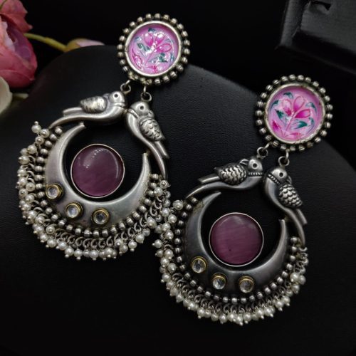 Silver Look Like Replica Handmade Earrings with Hand Painted Earrings - Image 3
