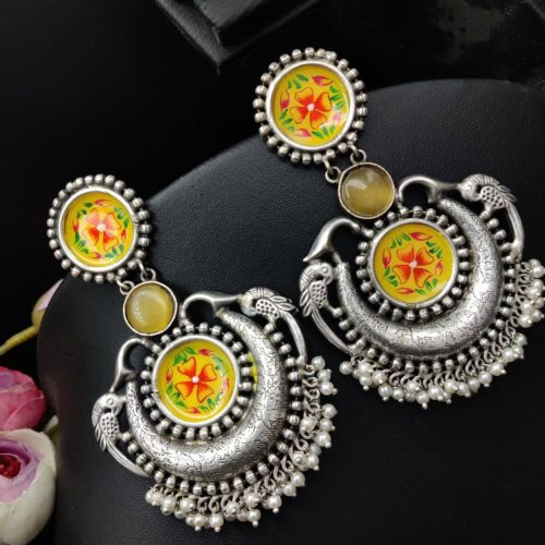 Silver Replica Handmade Chandbali Earrings with Hand Painted Earrings - Image 4