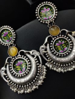 Silver Replica Handmade Chandbali Earrings with Hand Painted Earrings